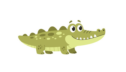 Obraz premium Friendly green cartoon crocodile standing and smiling with big eyes isolated on a clean white background.