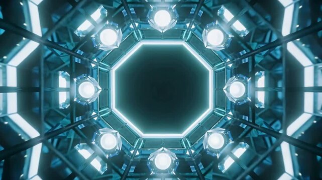Starting camera moving through octagonal chamber, illuminated frames and ring lamps revealing depth