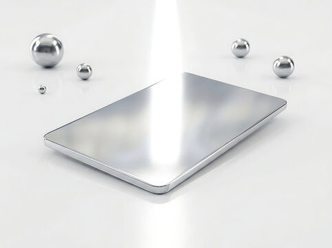 Sleek metallic tablet device surrounded by reflective silver spheres on transparent background transparent background