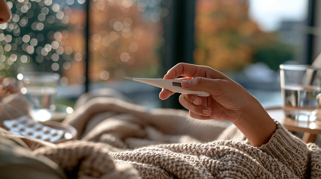 Photorealistic close-up stock visual focusing on a hand holding a digital thermometer showing a mild fever reading. The person is wrapped in a soft knit blanket, sitting near a win
