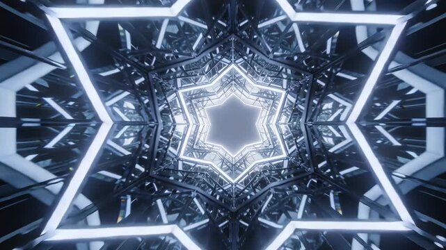 Pulsing star-shaped tunnel core growing and rotating with mirrored lattice while core intensifying