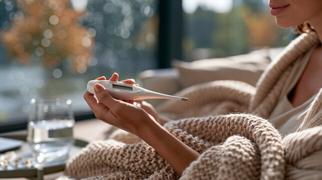 Photorealistic close-up stock visual focusing on a hand holding a digital thermometer showing a mild fever reading. The person is wrapped in a soft knit blanket, sitting near a win