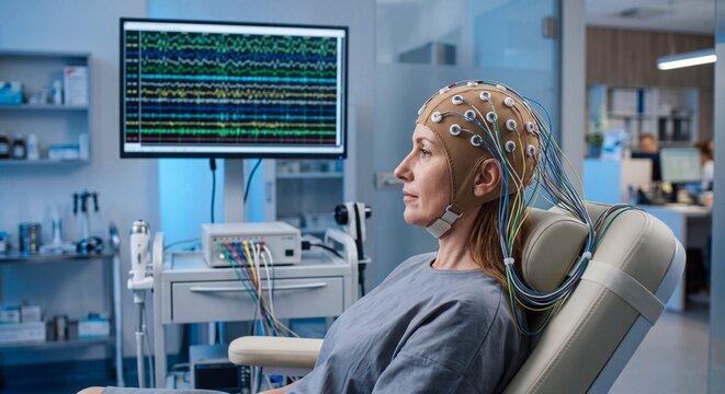 Mature female patient undergoing an electroencephalogram examination with EEG cap and electrodes in a modern neurology laboratory.