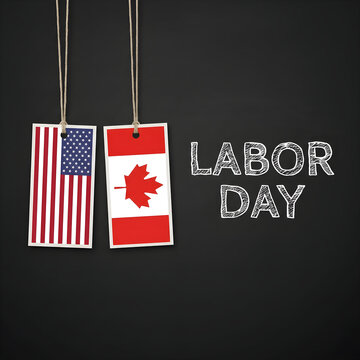 American Flag and Canadian Flag Tags with Labor Day Text on Black