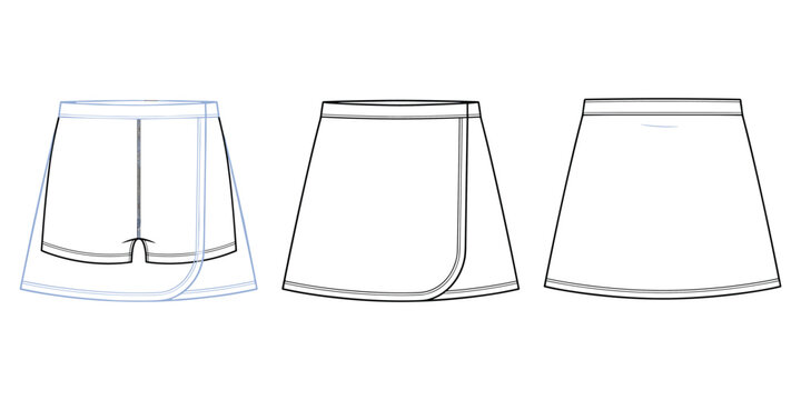 Technical fashion sketch skort design front and back view with overlapping skirt panel and inner shorts construction details, flat vector illustration