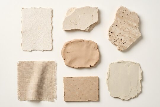 Natural Material Texture Swatches with Stone Clay Plaster and Burlap on Neutral Background