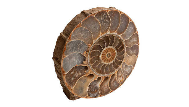 Ancient petrified ammonite fossil shell geology specimen isolated on a white background