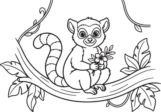 Cute cartoon rabbit holding a daisy in a floral field flowers line