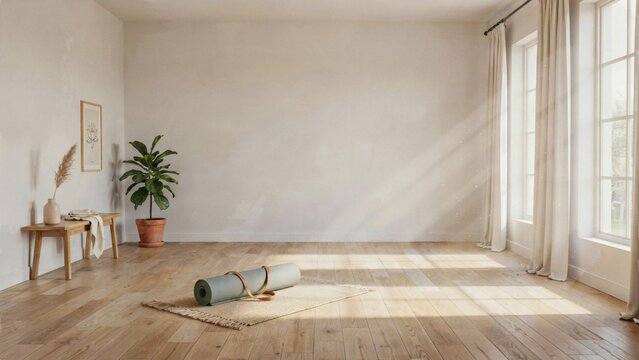 A rolled yoga mat lies on a textured rug in a sunlit minimalist room interior with bench potted houseplant hardwood floors wooden sits small woven