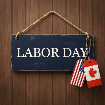 Celebration Concept Labor Day Sign with American and Canadian Flag Tags Wood