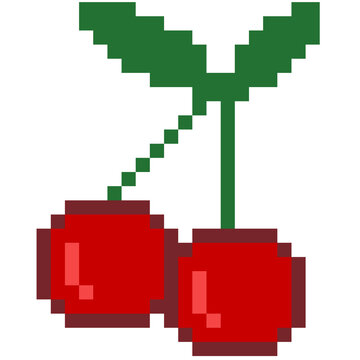 Cute pixel art two red cherries with green leaves isolated illustration, retro 8 bit gaming icon, pixel cherries for decoration