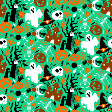 Halloween skeleton Party seamless pattern with dancing skeletons, ghosts, castle, crooked trees and ritual with dead in green swamp. Ornament for printing on fabric, cover and packaging. Vector