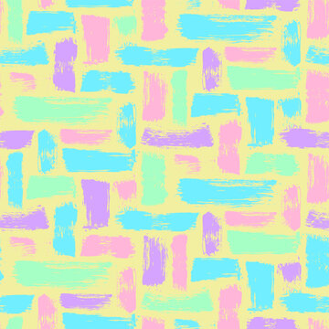 Pastel grunge pattern with layered brushstrokes and rough painted shapes in pink, yellow, mint green, and light blue, creating a playful handmade texture for modern decorative backgrounds and surface 