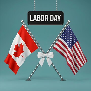 Patriotism Concept Canadian and American Flags with Labor Day Sign Teal Background