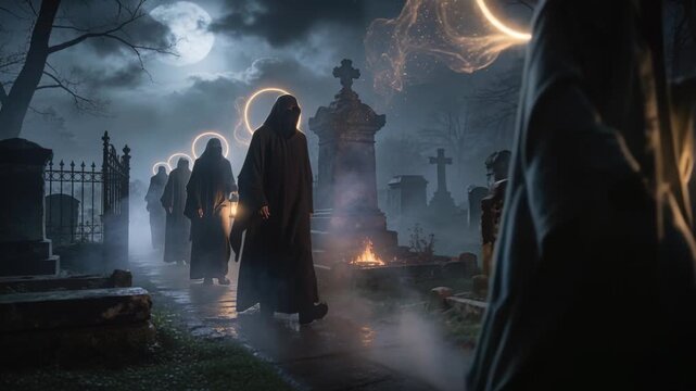 Walking lead hooded robed figure with lantern along cemetery at night as gate opens, in ritual