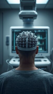 Brain imaging scan showing a patient wearing a neural monitoring cap inside an advanced medical laboratory.