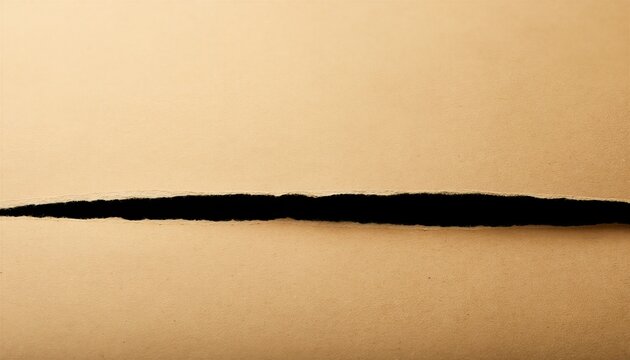 Torn beige kraft paper with ragged fibrous edges revealing deep black void beneath dramatic horizontal rip on textured cream surface