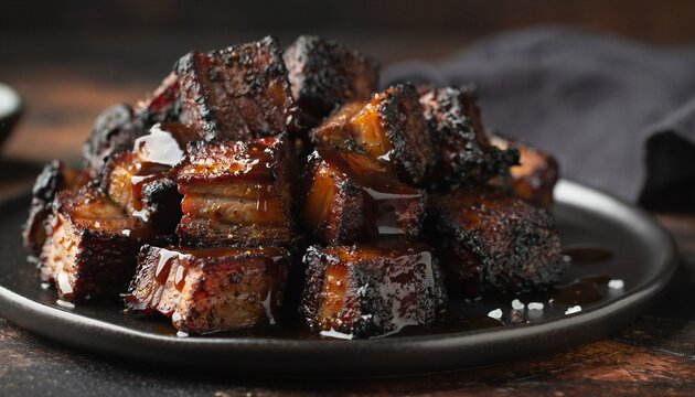 Smoky BBQ Beef Brisket Burnt Ends Piled High on Matte Black Plate with Caramelized Glaze Charred Bark and Rich Dark Sauce