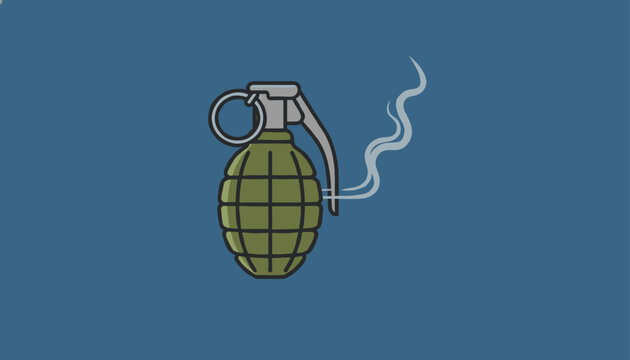 Military hand grenade in olive green emitting a trail of white smoke against a solid dark blue background.