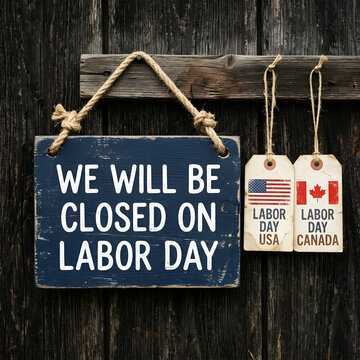 American Flag Business Holiday Closure Sign Hanging on Dark Wooden Wall