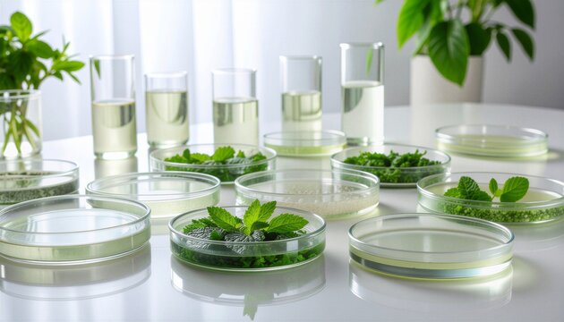 Fresh green herb leaves and powdered plant extracts arranged in multiple glass petri dishes beside pale liquid beakers on white reflective lab surface