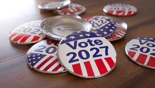 Vote 2027 Campaign Buttons Scattered on Wooden Table American Flag