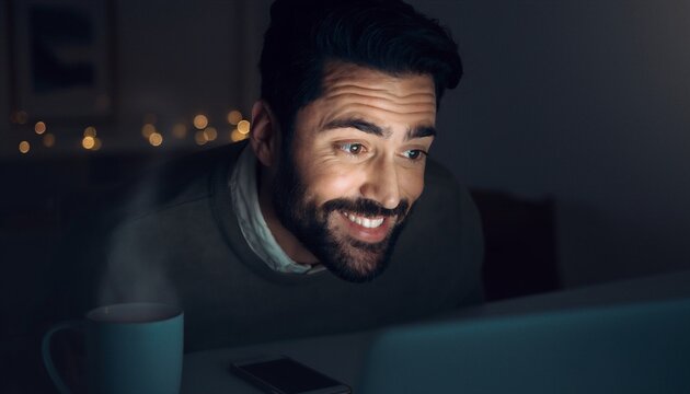 Bearded dark-haired man smiling broadly at laptop screen in dark room at night with warm bokeh string lights and coffee mug