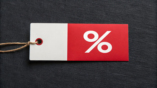 Red sale discount percentage tag hanging on dark background for retail promotions and clearance events