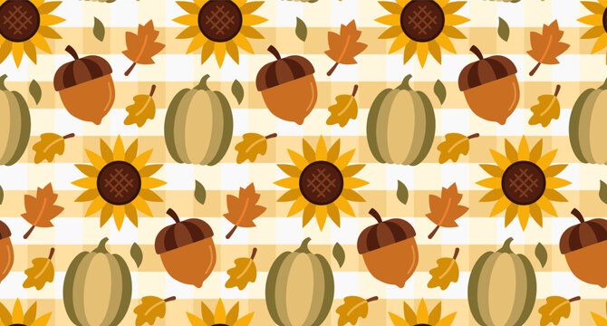 Seamless autumn pattern featuring sunflowers pumpkins and acorns.