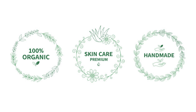 Set of three delicate green botanical frames with labels for organic, premium skin care, and handmade products.