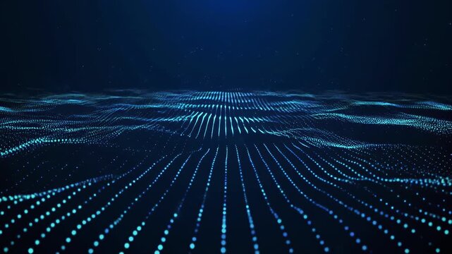 Abstract blue digital wave pattern with subtle light flares moving towards camera in dark space