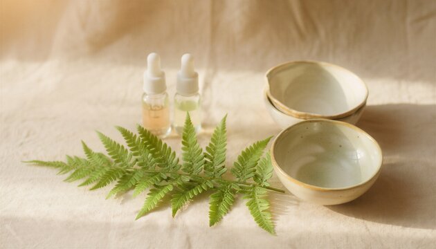 Two glass dropper bottles green fern fronds and stacked cream ceramic bowls on wrinkled beige linen cloth in warm golden light