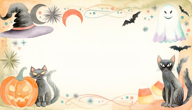Watercolor Halloween border frame with black cats pumpkin ghost witch hat bats candy corn on cream background with copy space