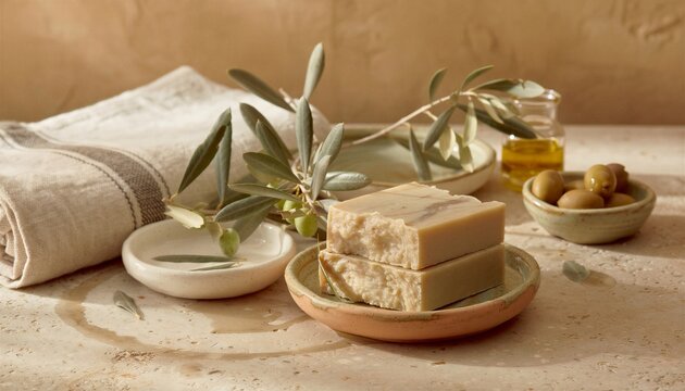Two handmade olive oil soap bars stacked on rustic terracotta ceramic dish with olive branch and golden oil jar on warm beige stone