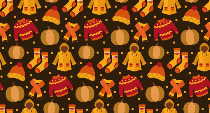 Seamless pattern featuring cozy autumn clothing and pumpkins.