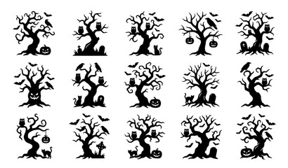 Fototapeta premium Spooky Halloween Trees with Bats Ravens Cats and Owls Black Silhouette Vector Set
