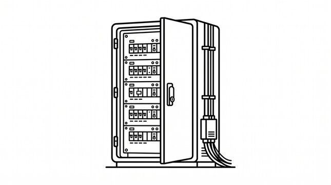 Open electrical distribution board with circuit breakers outline icon