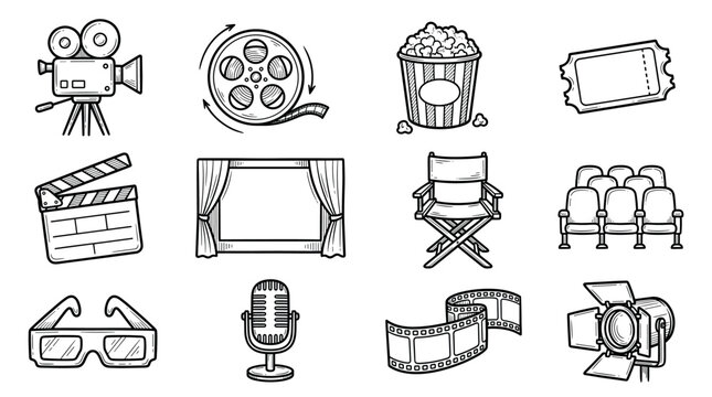 Set of cinema icons representing movies, film production, and entertainment with popcorn, a ticket, and a camera 