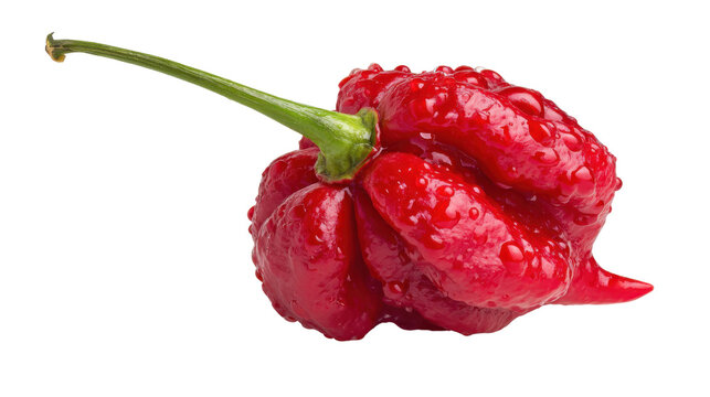 Fresh red bumpy spicy hot pepper with water droplets and curved green stem showing wrinkled glossy organic skin isolated on white background