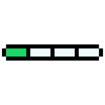 Medium health progress status bar energy level pixel art style icon green color. Half filled segmented status bar medium loading level pixelated game UI asset isolated white background