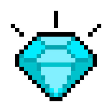 Diamond gem crystal reward item treasure pixel art style cyan blue design. Shiny pixelated gem bonus point video game asset icon isolated white background