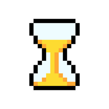 Hourglass timer sand clock loading waiting pixel art style game icon yellow black outline. Retro sand glass timer countdown loading indicator pixelated game UI asset isolated white background