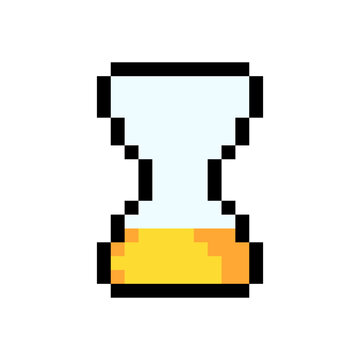 Sand clock timer countdown wait loading icon pixel art style game asset yellow color. Classic hourglass sand timer waiting indicator pixelated video game interface icon isolated white background