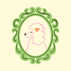 Hand-drawn oval frame with swirls and funny profile portrait of poodle dog. Doodle border silhouette and elegant animal illustration. Playful vector graphic © Olga