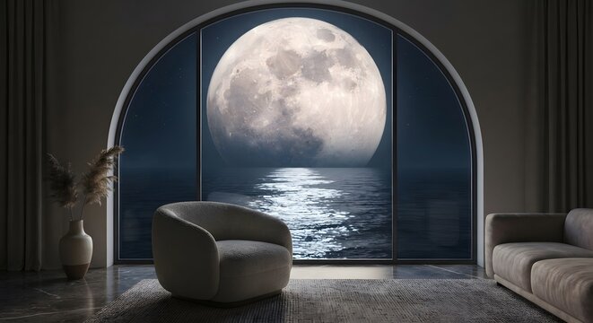 Full moon view from a luxury modern living room with arched window and ocean scenery