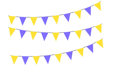 Fototapeta premium Three strings of yellow and purple triangular bunting flags isolated on transparent background