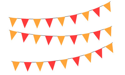 Obraz premium Three strings of colorful triangular party bunting flags isolated on transparent background