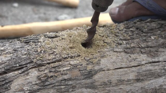 Wide angle shot of a carpenter pulling out a manual auger drill bit and hand-wiping fine sawdust from a freshly bored hole in a rustic log.
