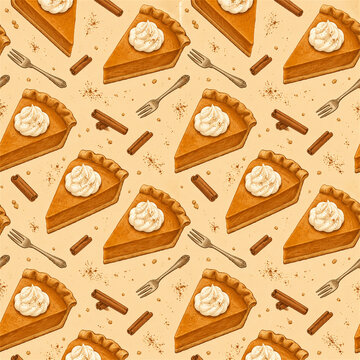 Cozy pumpkin pie seamless pattern with golden slices whipped cream dollops cinnamon sticks forks and baking details on a warm beige background for thanksgiving fabric wrapping and kitchen decor