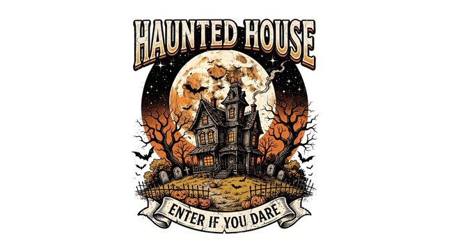 Haunted House Enter If You Dare Halloween illustration featuring creepy spooky castle under full moon with flying bats